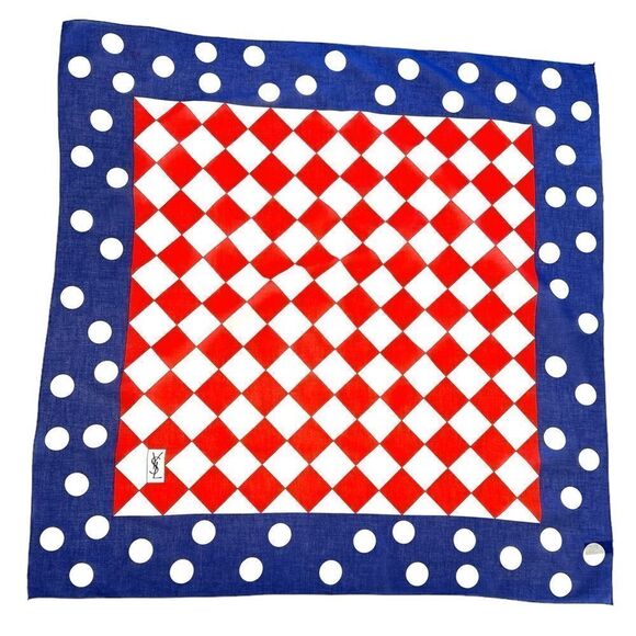 Vintage YSL Saint Laurent Red White Blue Harlequin Cotton Square Scarf 34.5” sq - Picture 1 of 7